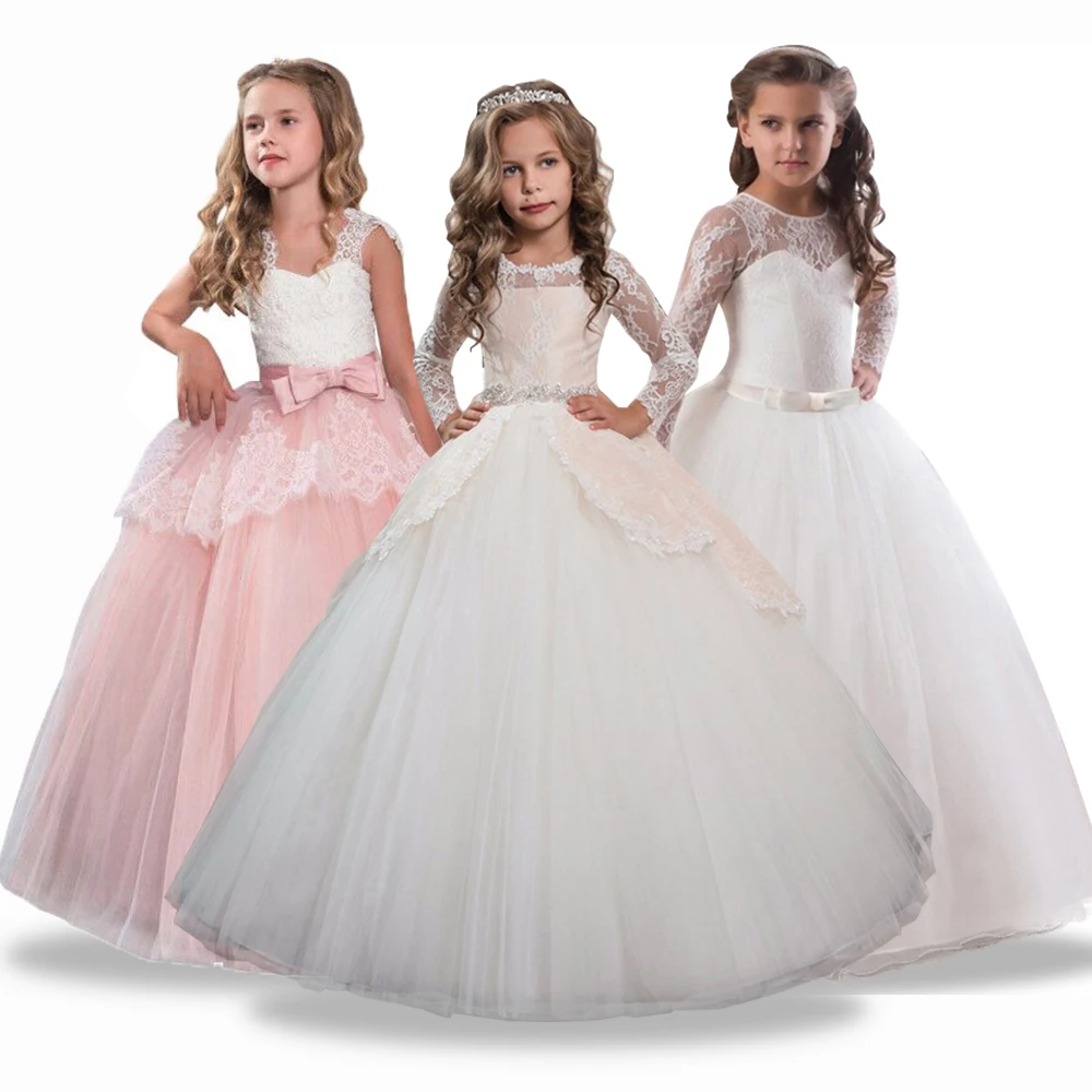 

3-14 Year Kids Girls Wedding Flower Girl Dress Elegant Princess Party Girl Pageant Formal Dress Sleeveless Lace Tulle Long Dress