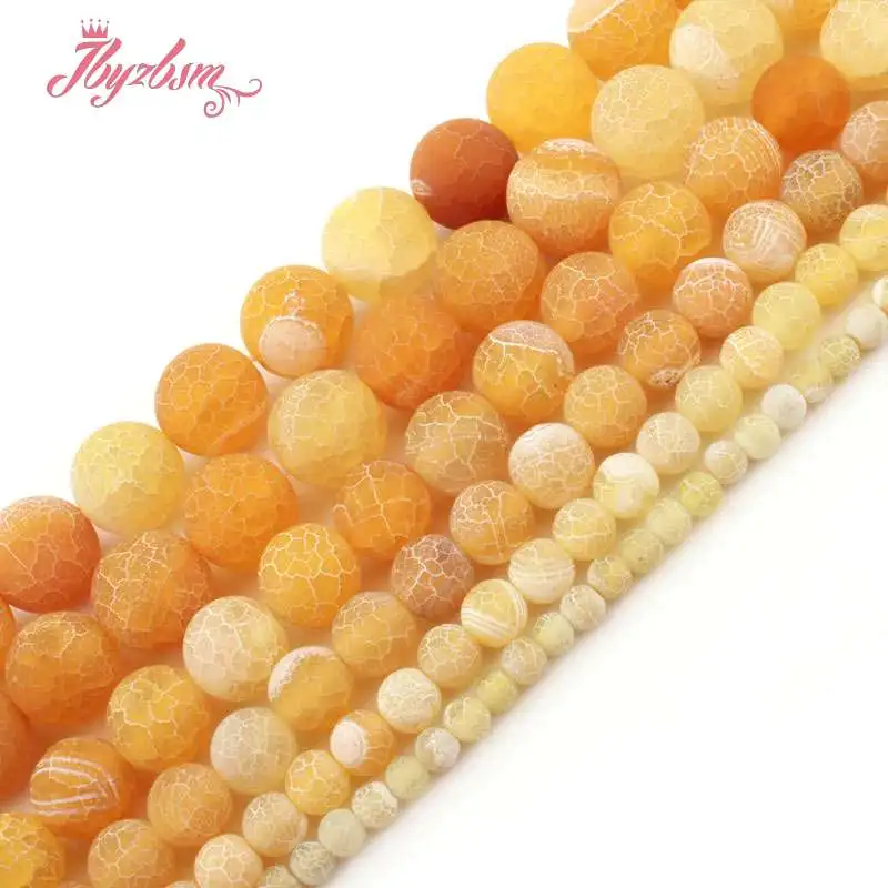 Round Frosted Cracked Yellow Agate Stone Beads for Jewelry Making Bracelet 15" 