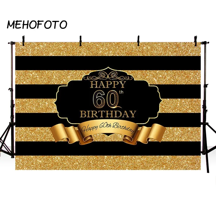 

MEHOFOTO Black Gold Stripes Party Backdrop Happy 30 40 50 60 70th Birthday Decor Custom Photography Background for Photobooth