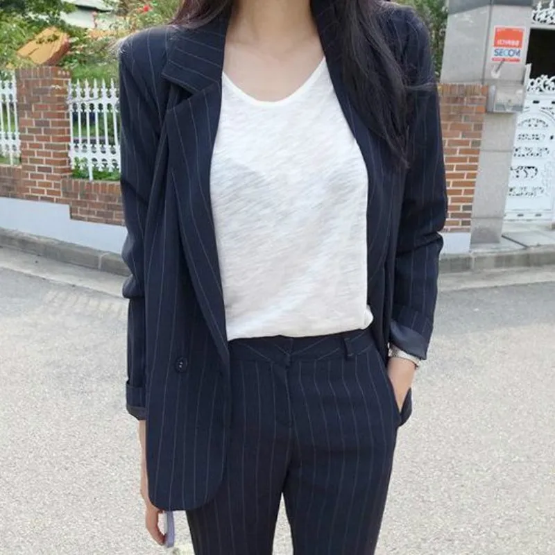 2 piece set women Suit female 2019 new style fashion suit female Slim temperament stripes OL suit jacket + pants sets