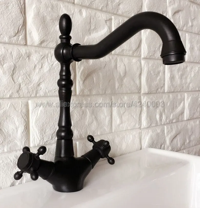 

Dual Handle Swivel Bathroom Kitchen Sink Faucet Black Oil Rubbedl Brass Mixer Tap with Hot and Cold Water Deck Mounted Knf382