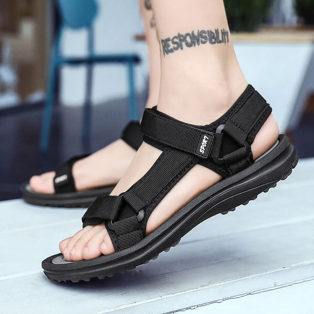 Summer Casual Style Summer Outdoor Mens Flats Casual Beach Athletic Shoes Breathable Sport Pu Leather Hook&Loop Sandals