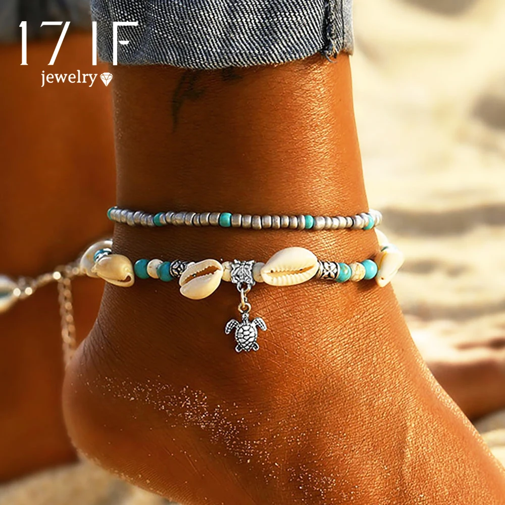 

2019 New Bohemian Turtle Pendant Anklets For Women Multi Layer Beads Stone Shell Anklet Bracelets Female Ocean Jewelry Wholesale