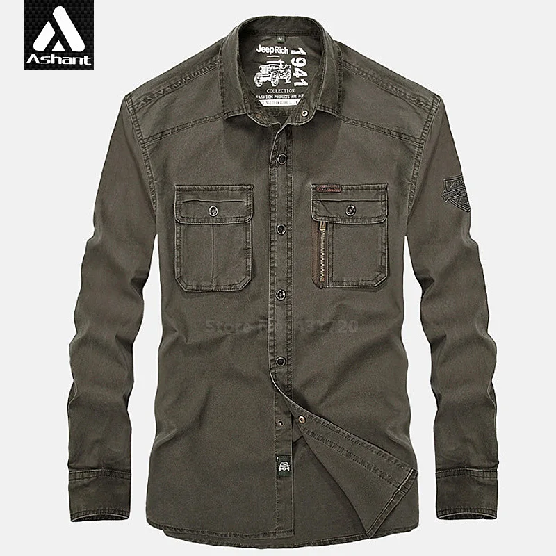 2016 New Mens Fashion Shirt Military Army Green All Cotton Plus Size