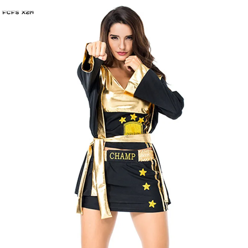 

Black Women Sportswear Boxer Suit Uniform Cosplay Female Halloween Costumes Carnival Purim Masquerade Nightclub Bar Party Dress