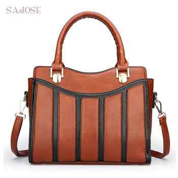 

Women Leather Totes Handbag High Quality Famous Brand Female Vintage Brown Designers Stripe Shoulder Hand bag Lady Messenger Bag