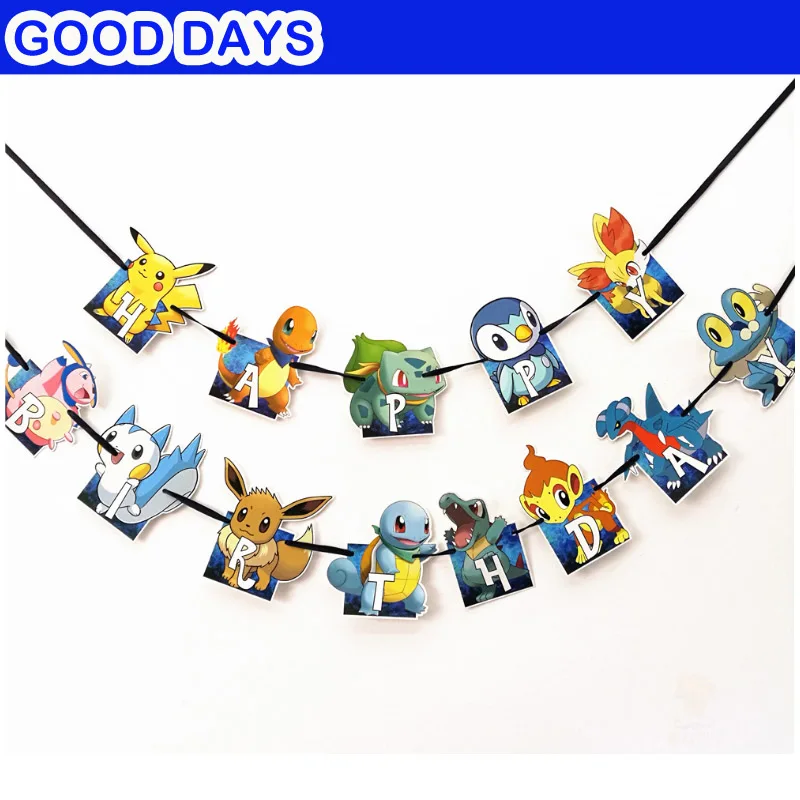 

Pokemon Kids birthday party supplies Bunting Paper hanging banners flags Pikachu baby shower banner Cartoon anime pennant flags