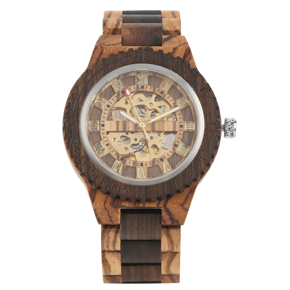 Retro Wood Watch Royal Gold Roman Literal Mechanical Watches Men's Top Luxury Wooden Bangle Watch montre homme automatique reloj - Цвет: Zebra Wood