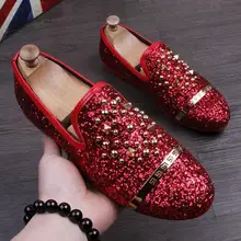 New Arrival Men Sequins Casual Shoes Designer boat Rivet Shoe Luxury Men Party Dress Shoe Zapatillas Deportivas Men Loafers Red red rivet