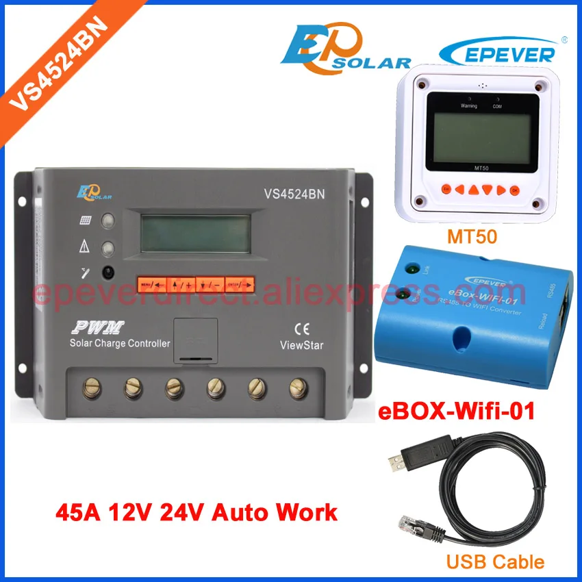 

Controller with lcd display 45A 45amp VS4524BN 12v 24v auto work solar regulator wifi BOX USB cable and MT50 meter