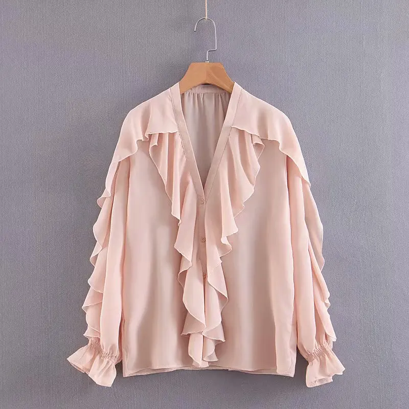 

Fashion nude color ruffle ruffle decoration long sleeve blouse women elegant summer chiffon shirts office lady wear clothing