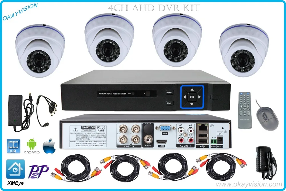 4CH HDMI VGA AHD DVR 720P HD Indoor Surveillance Security Camera System 4 Channel CCTV P2P H.264 AHD DVR KIT WITH XMEye app