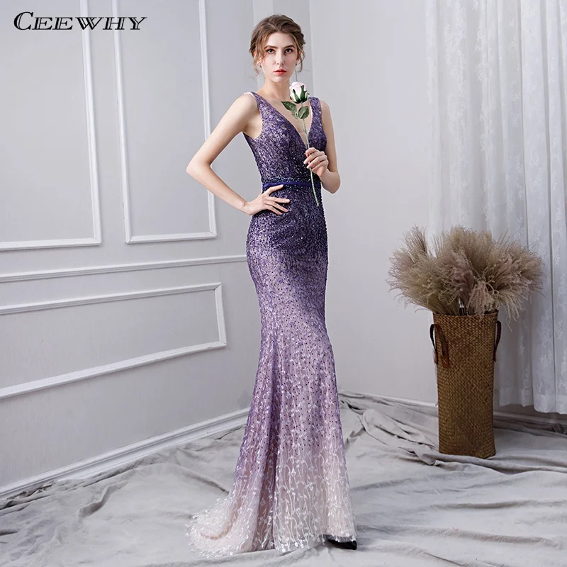 CEEWHY V-Neck Formal Dresses Evening Wear Women Beaded Lace Backless Mermaid Gown Vestido de Festa | Свадьбы и торжества