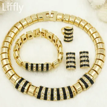 

Liffly African Jewelry Sets 18 Gold Stripe Shape Necklace Crystal Bracelet Earrings Turkish Jewelry Women Wedding Accessories