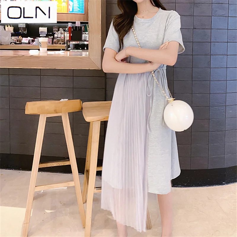 

ONL mesh dress spring and summer college wind pleated stitching fake two-piece dress student dress