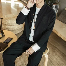 Осенние мужские комплекты(куртка и брюки) в китайском стиле, однотонные однобортные пальто, мужские и брюки 5XL