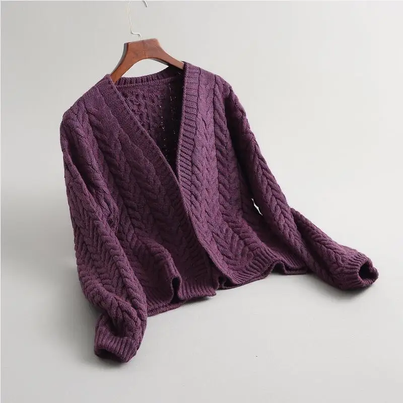 Высококачественный Женский кардиган и вязаное пальто Топ Повседневный однотонный кардиган свитер толстый свитер - Цвет: Фиолетовый