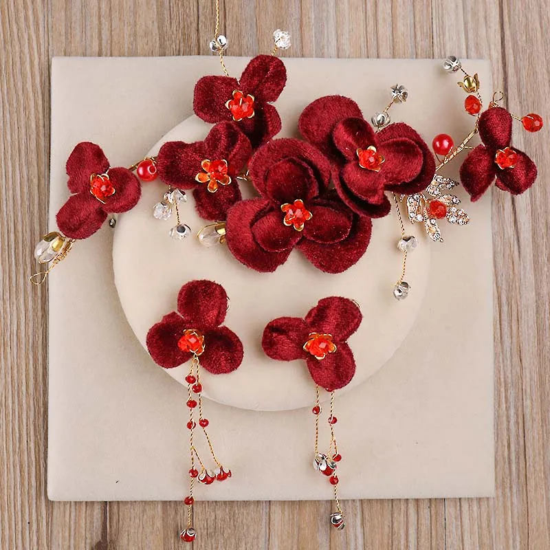 

Handmade Chinese Red Rose Flower Pearl Crystal Headband Earrings Hair Jewelry Bridal Tiaras Headpiece Wedding Accessories LB