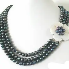 Очень хороший США Фантазии День святого валентина 3 Ряда Настоящее Белый черный Жемчуг Оболочки Цветок 18 18KWGP Застежка Ожерелья Кварцевый камень crys