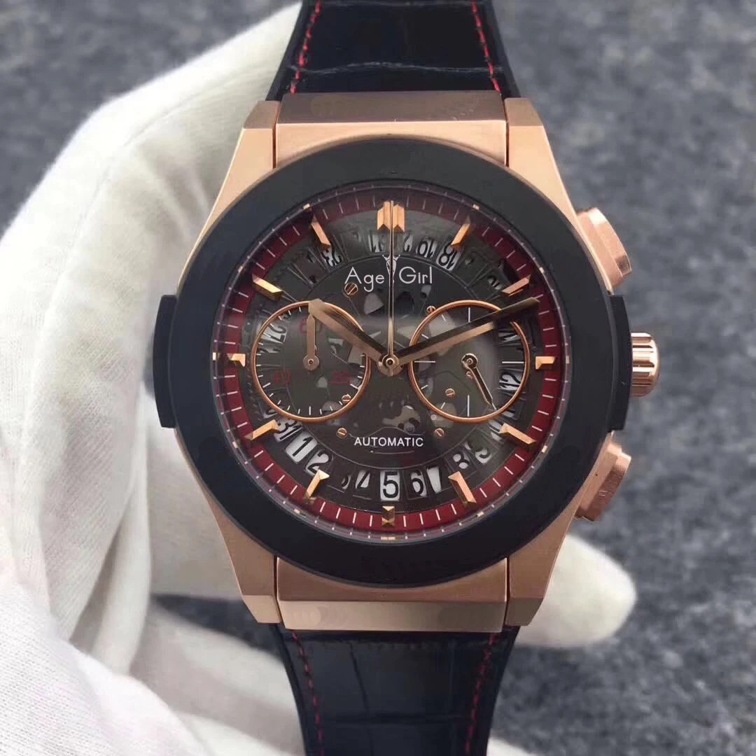 

Luxury Brand New Men StopWatch Chronograph Rose Gold Black Bezel Stainless Steel Brown Leather Grey Unico Date Limited Watch
