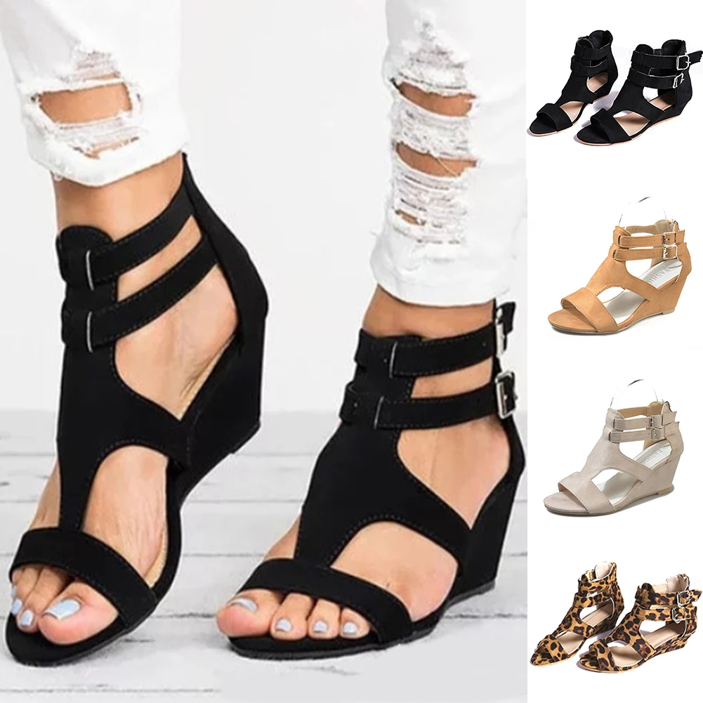 

Women's Leopard Solid Color Hollow Wedge Heel Sandals 2019 New Spring Summer Ladies Beach Wedge Buckle Shoes Large Size