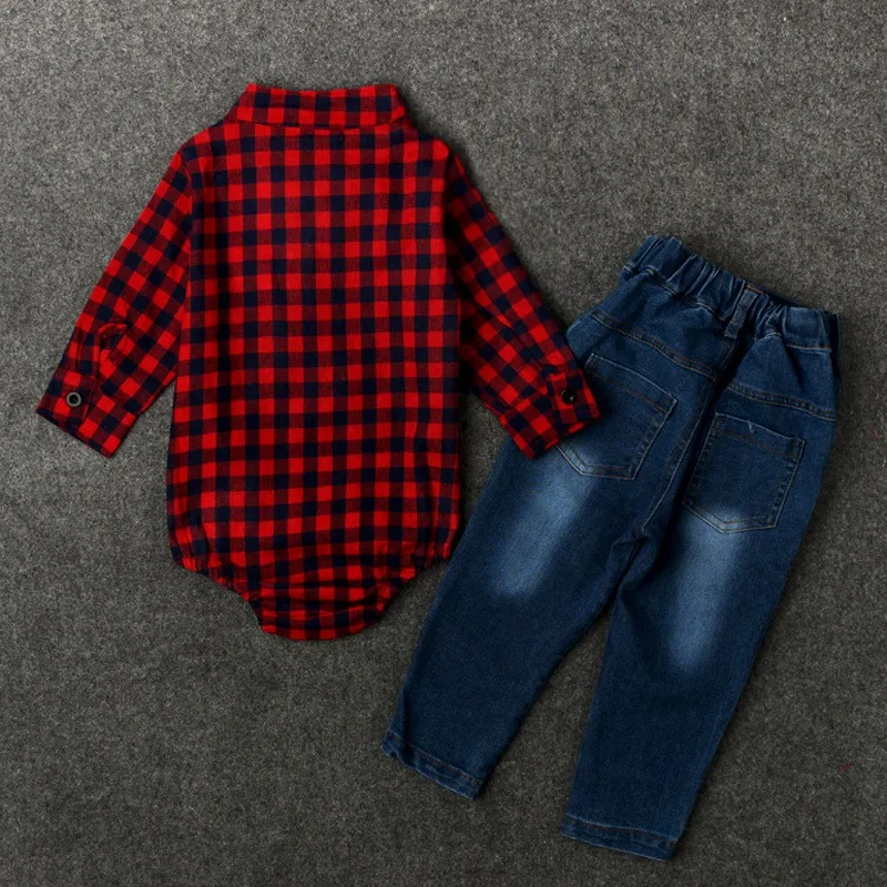 Baby Boy's colthing set Newborn colthing set T-shirt + jeans Infant rompers Turn Down Collar Gentleman Tie Red Lattice costumes (9)