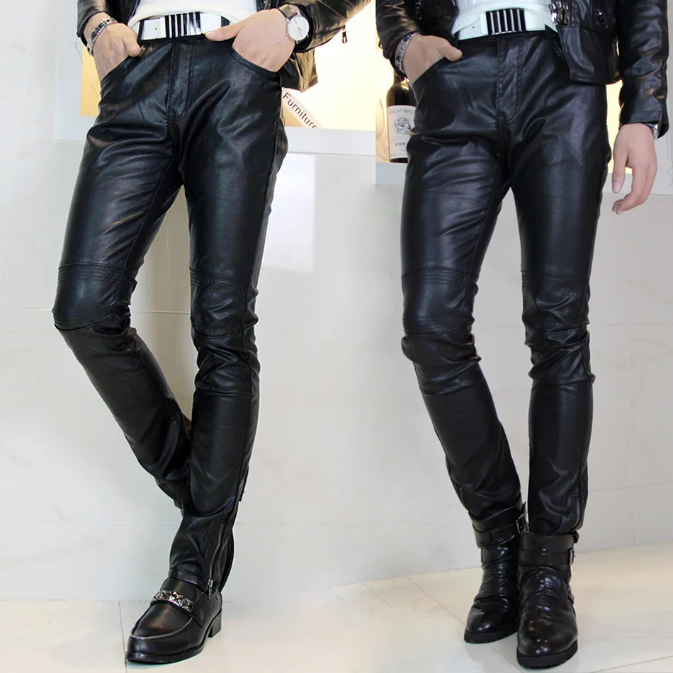 Autumn winter men fashion motorcycle pu leather pants slim trousers ...