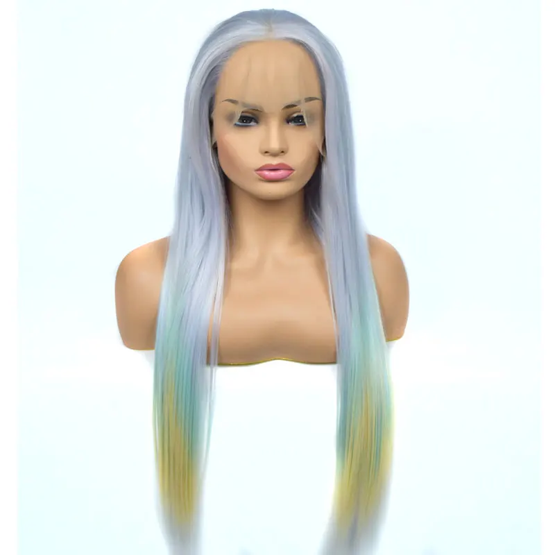 

Bombshell New Style Straight Synthetic Lace Front Wig Mix Light Blue Green Yellow Three Color Heat Resistant Fiber For Women