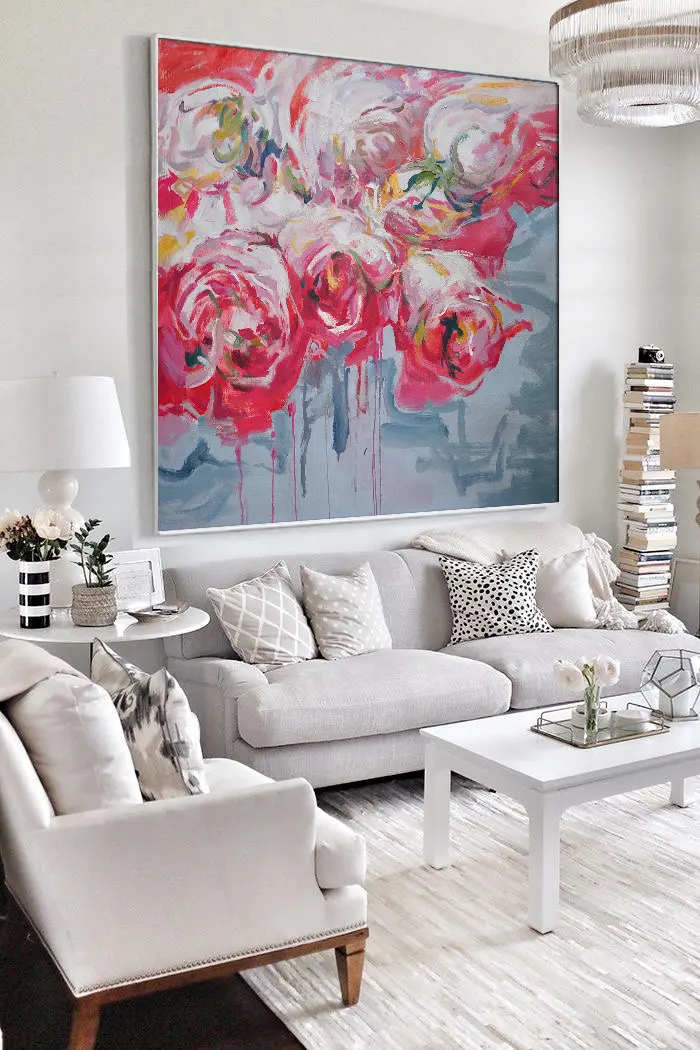 

Hand Painted Pink Rose Paintings Wall Painting Picture on Canvas Abstract Decor Flower Modern Rose Oil Painting Hang Pictures