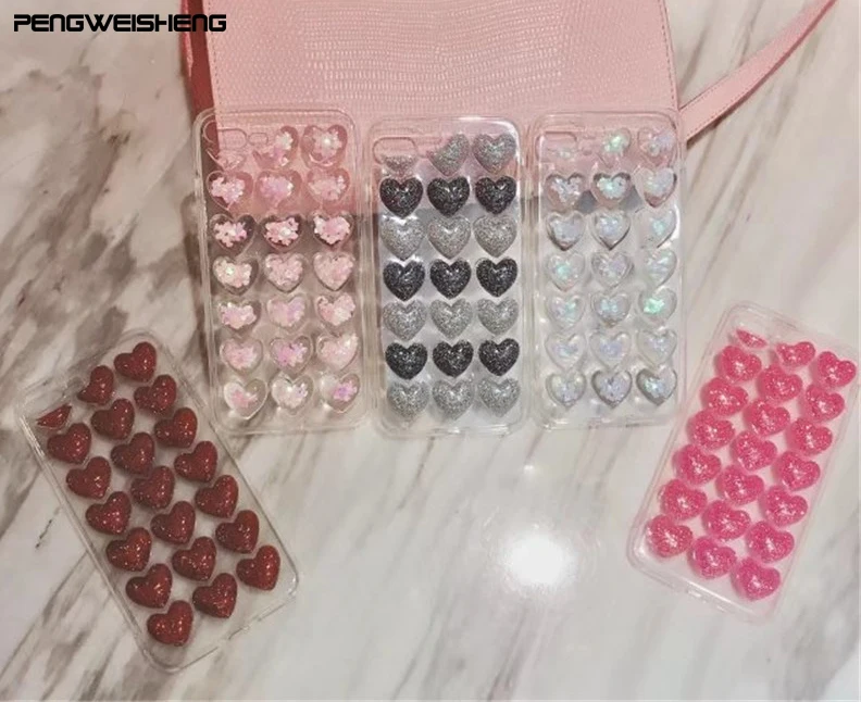 3D Love Hearts Glitter Powder Bling Cover Phone Case For iphone 7 7 Plus 6 6S Plus Luxury Clear Fashion Back Cover for iphone X