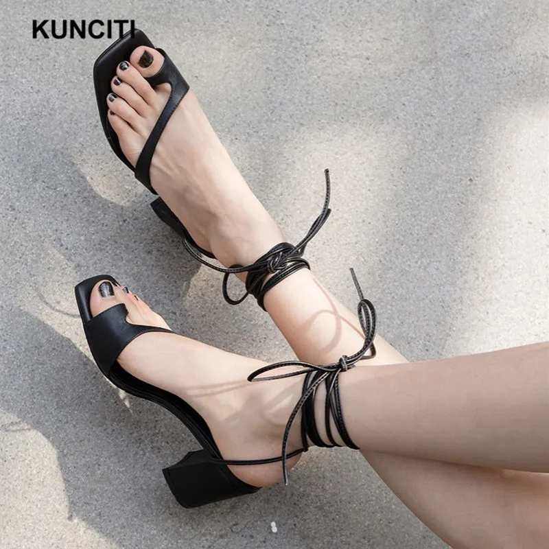 

2019 KUNCITI Lace Up Summer Gladiator Sandals Women Flip Flop Sexy Shoes Genuine Leather High Heel Ladies Shoes European X984