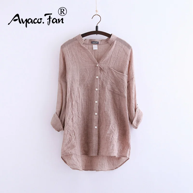 

Brand New Korean Style 2019 Women Shirts Three Quarter Sleeve Stand Collar Shirts Women Little Fresh Loose Cotton Casual Shirts
