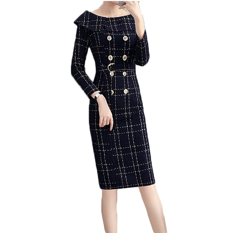 

2019 Spring New Tweed Plaid Dress Women Autumn Belted Wool Dresses Female Elegant Small fragrance Ladies Office Woolen Dress