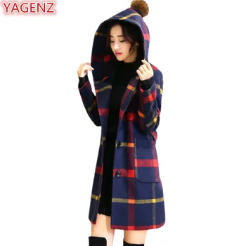 

YAGENZ Wool Coat Women Autumn Winter Coat Women High quality Women Long Coat Fashion Slim Lattice Ladies student Hooded Coat 704