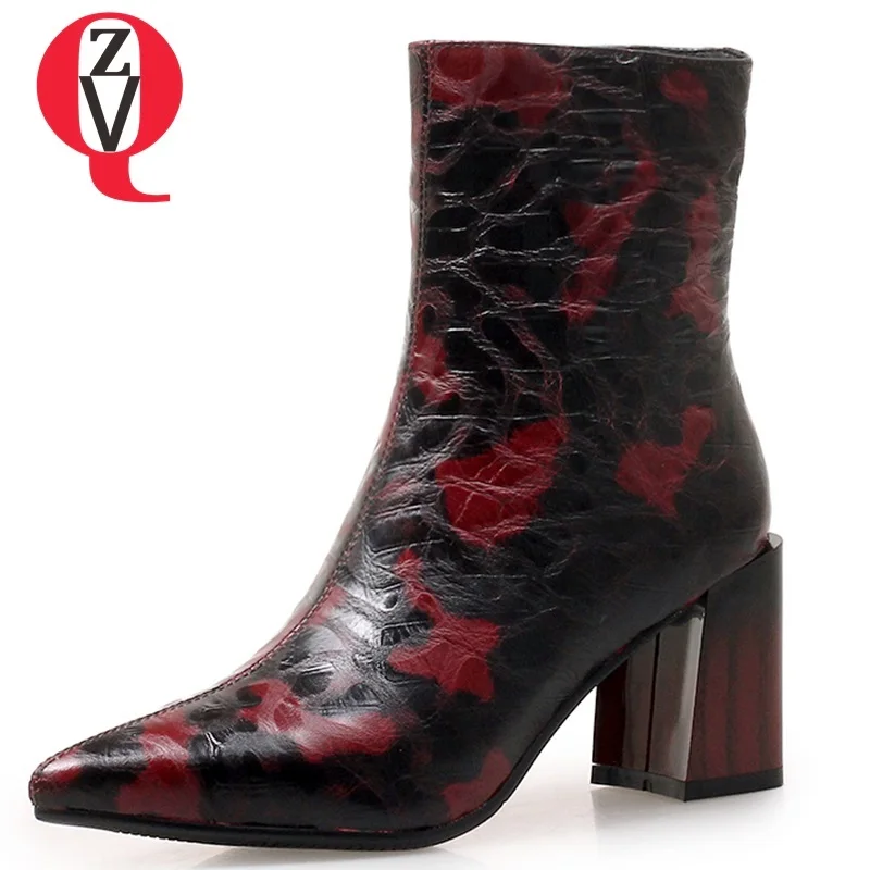 

ZVQ women shoes 2018 winter new mixed colors high quality genuine leather high hoof heels pointed toe elegant party ankle boots