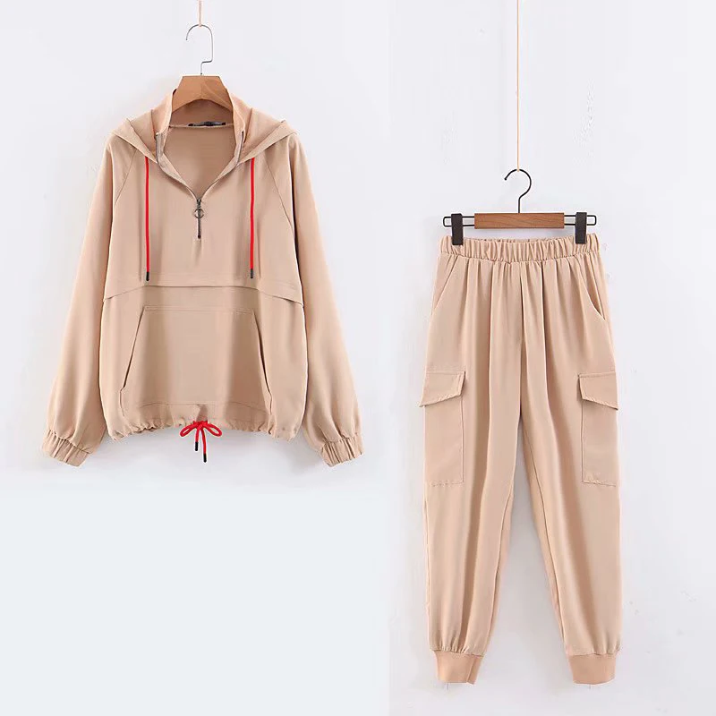 

ZXQJ New Spring Women Za Joggers Tracksuit 2019 Chic Kangaroo Pocket Hooded Jacket High Elastic Long Pants Sportswear