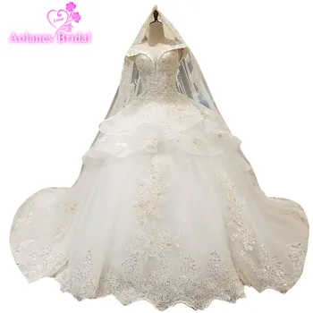 

AOLANES 2018 Champagne Tulle V-neck Sleeveless Bridal Gowns Long Train Floor-length Ball Gown Princess Vintage Wedding Dresses