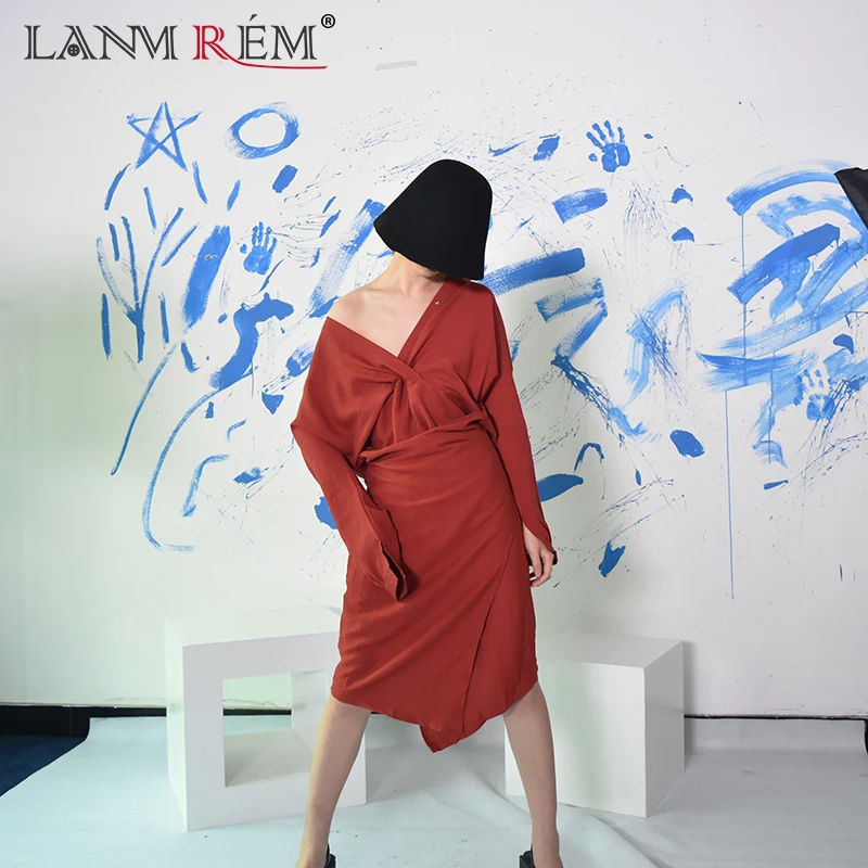 LANMREM 2018 Autumn New Korean Temperament Solid Color V Collar font b Long b font Sleeves