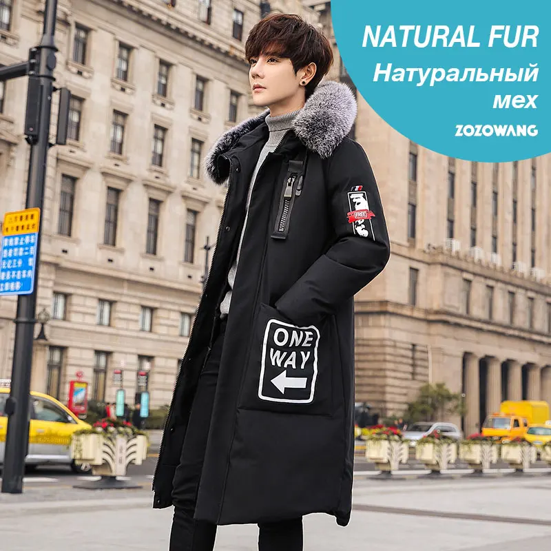 ZOZOWANG зимняя белая куртка на утином пуху мужские пальто X-Long хип-хоп модные толстовки уличная одежда верхняя одежда теплая Толстая ветрозащитная - Цвет: Natural Fur Black