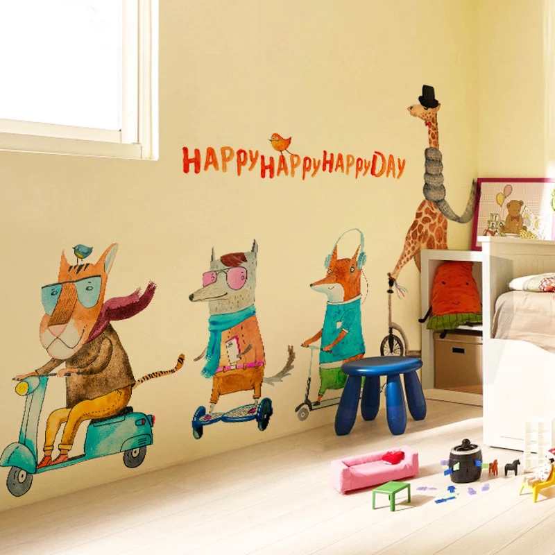 Cartoon Animal Family Giraffe Lion Fox Wall Stickers for Kids Room Wall Decoration Bedroom Children's Bedside Wallpaper
