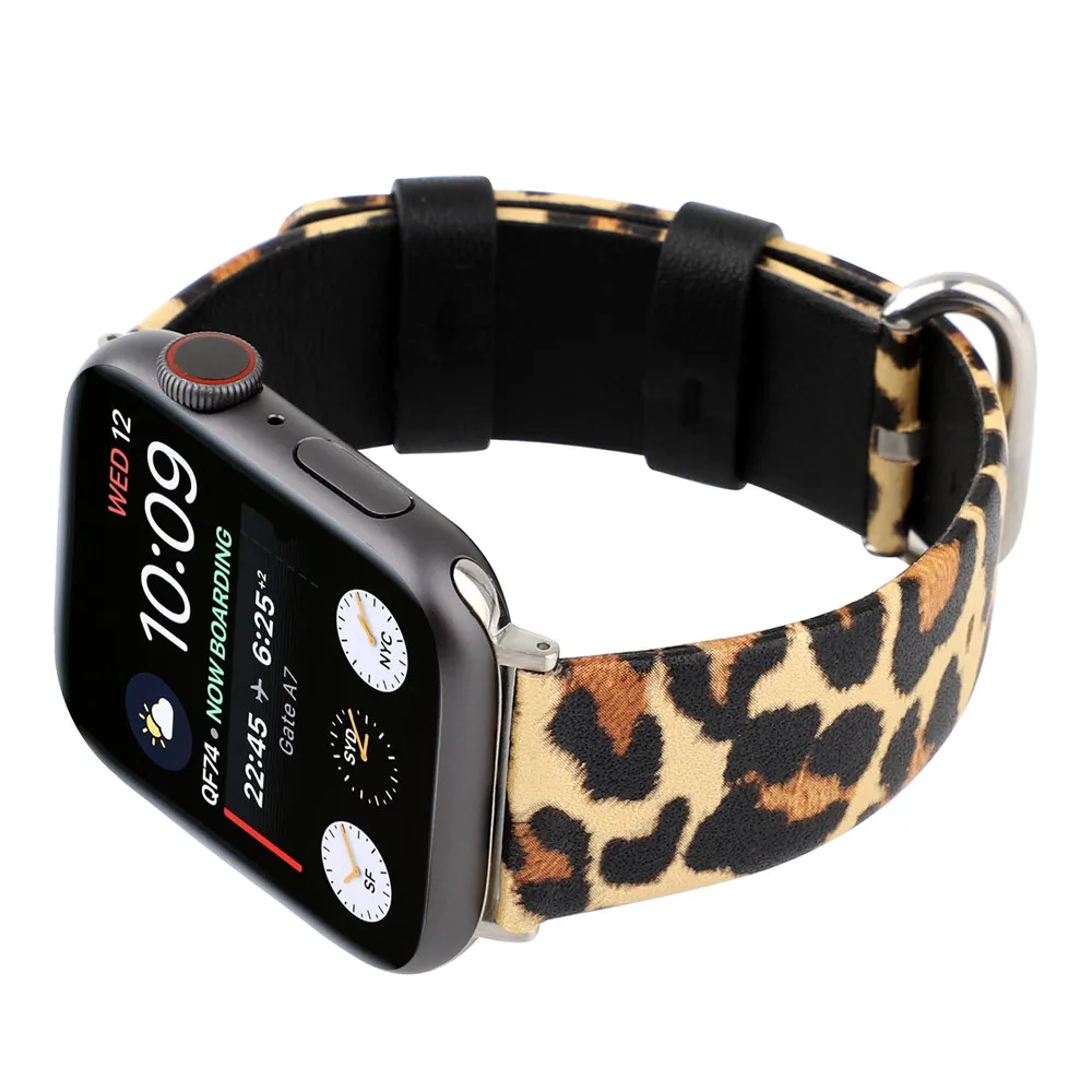 Леопардовый кожаный ремешок для Apple Watch 6 Band 44 мм 42 40 38 мужской/женский модный