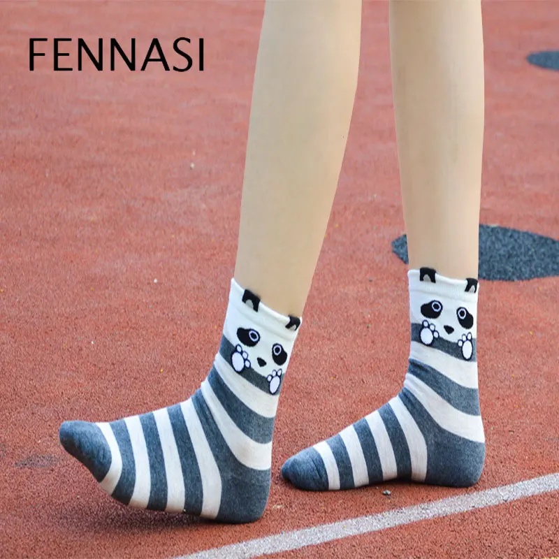 

FENNASI Women Socks Cartoon Animal Cotton 3D Print Striped Short Socks Colorful Breathable High Elasticity Socks