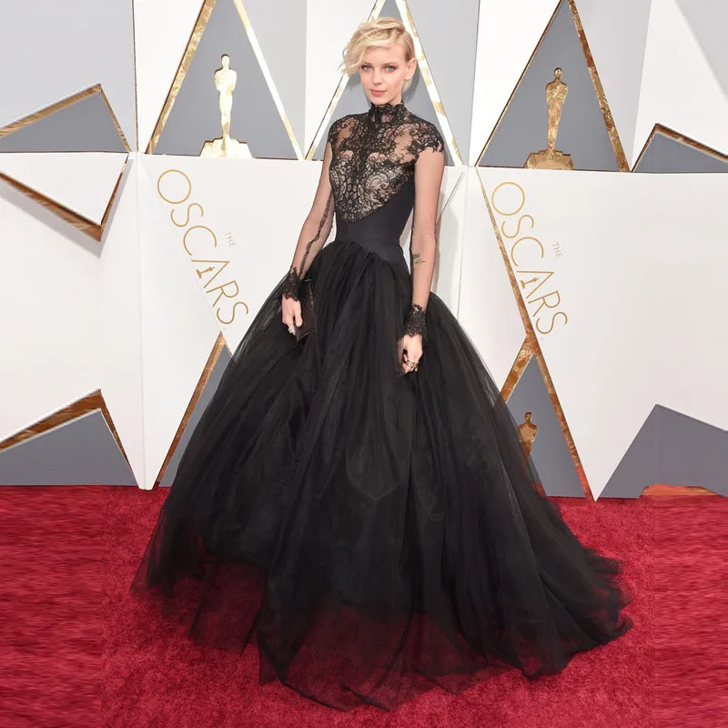Oscars 2017 Red Carpet Dresses Unique High Neck Black Lace Puffy Formal