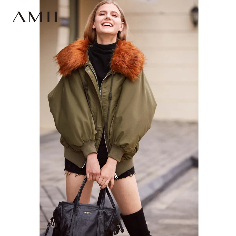 

Amii Minimalist Short Down Coat Women Winter 2018 Sweat Girls Big Real Raccoon Fur Collar Zipper Female Short Down Jackets