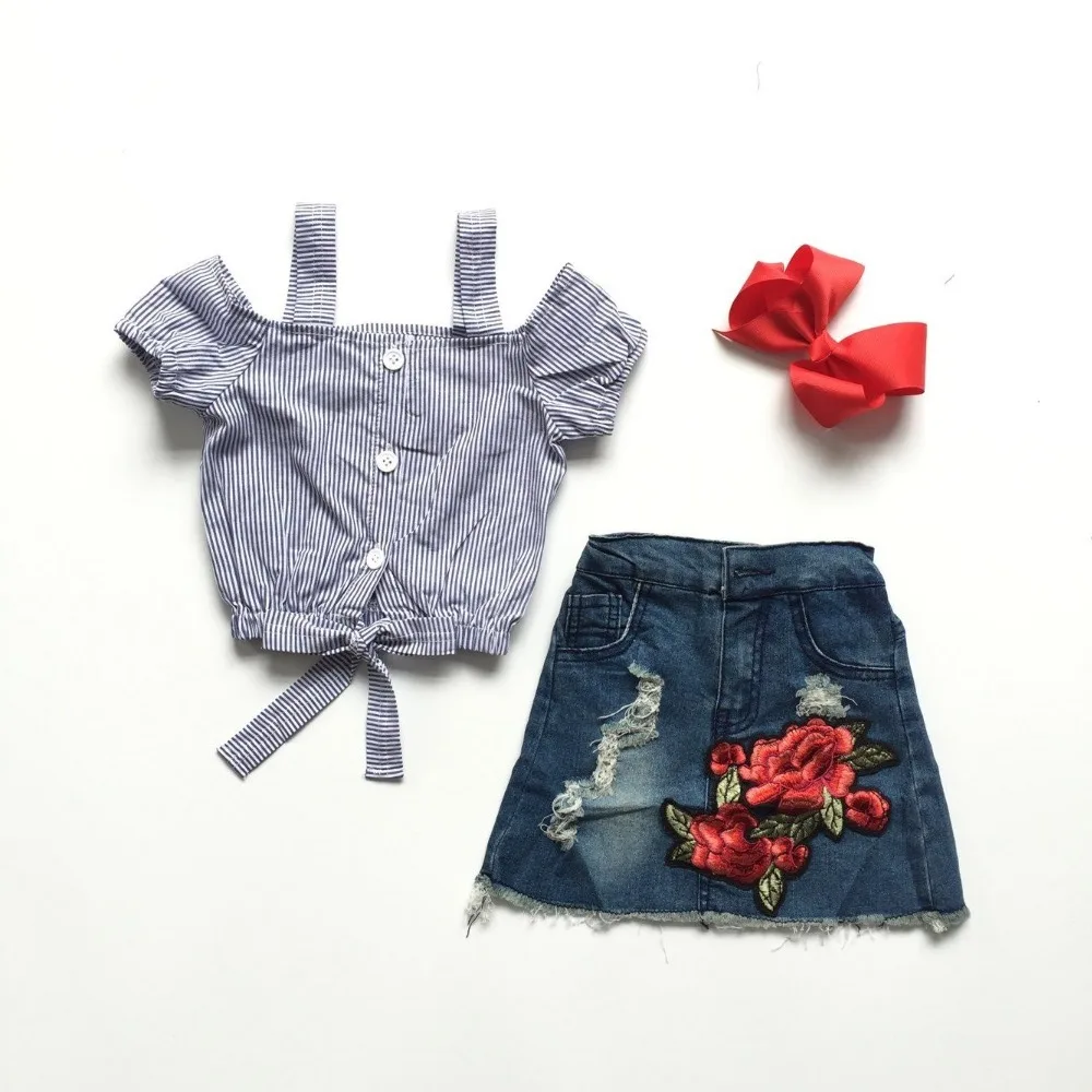 

new Spring/Summer baby girls outfit blue stripe sunkissed shirt top denim skirt baby kids wear boutique clothes with accessories