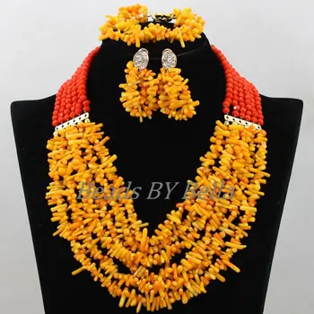 

African Costume Jewelry Set Orange Yellow Coral Beads Nigerian Wedding Crystal Bridal Jewelry Sets 2017 Free Shipping ABK085