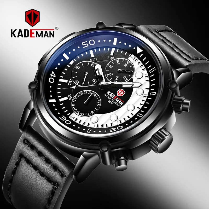 

KADEMAN Top Brand Luxury Men Quartz Watch Sports Military Waterproof Calendar Hand Clocks Unique Male Leather Wristwatch Relogio