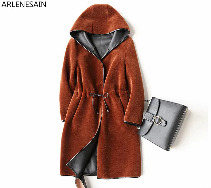 

Arlenesain custom New Wool Real Fur Coat For Women Winter Sheep Jackets And Coats Long Hooded PU Leather Lining Overcoat