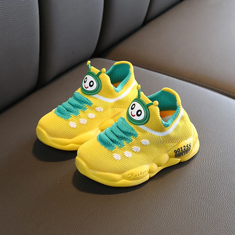 2019 Autumn Net Breathable Leisure Sports Running Shoes Caterpillar Flying Weaving Shoes EVA Sole Casual Shoes Kids Black Yellow