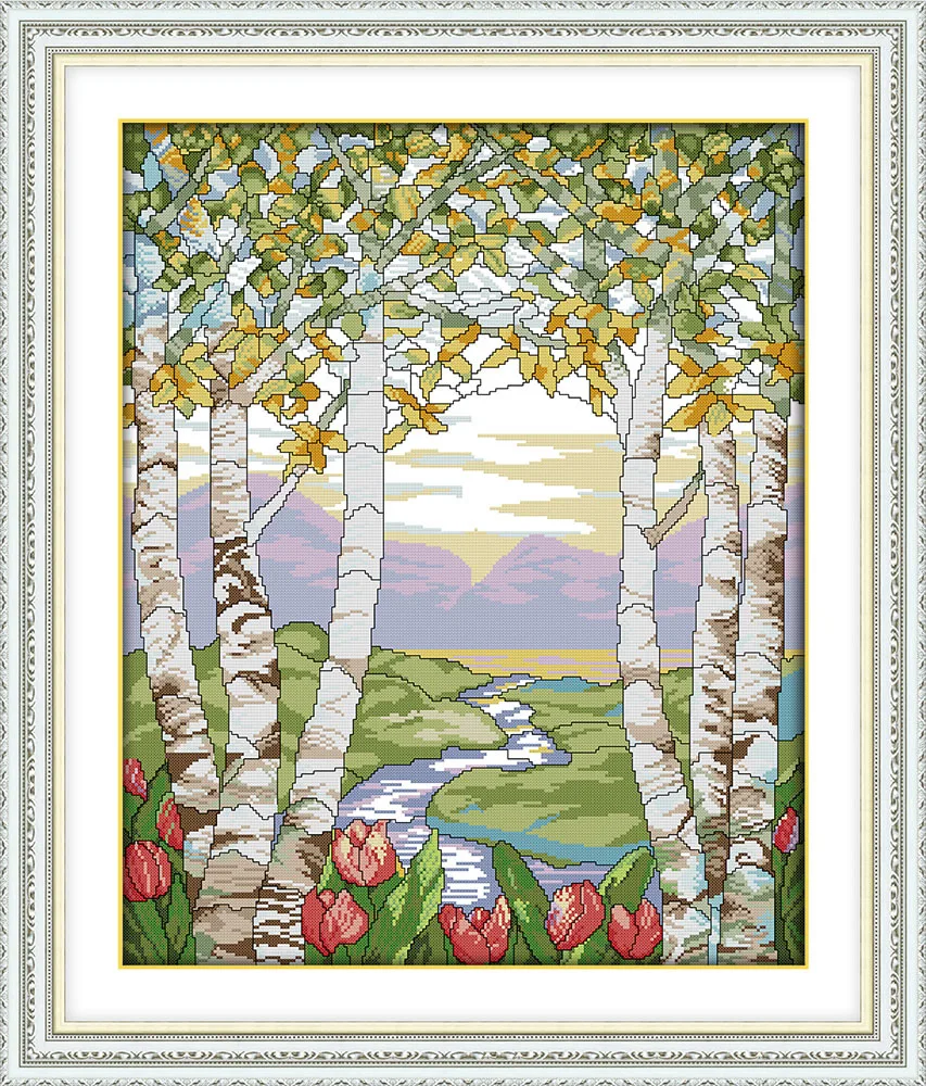 

Birches in the summer (2) Canvas DMC Counted Cross Stitch Kits printed Cross-stitch set Embroidery Needlework